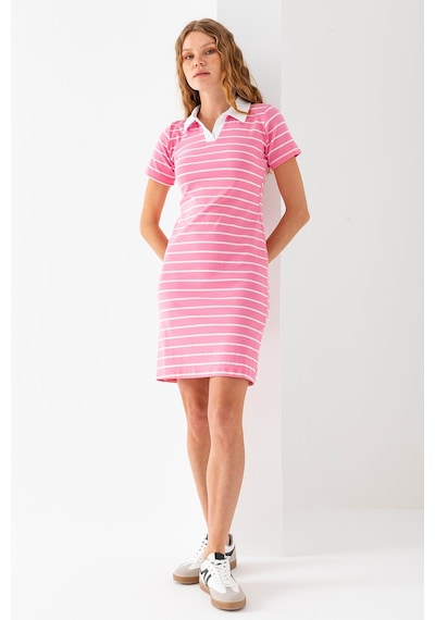 Giysa Kadın Polo Yaka Kısa Kollu Çizgili Elbise Pembe Beyaz - 25538 Pembe - Beyaz