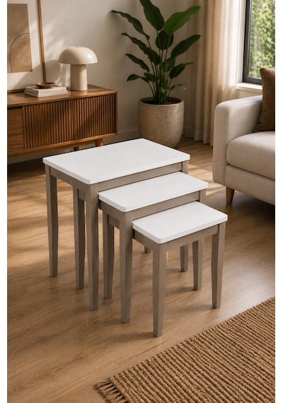 Ganni Home Briza 3 Lü Zigon Sehpa Seti Krem Platin Gürgen İskeletli, İç İçe Geçebilen Modern Ve Kullanışlı Tasarım