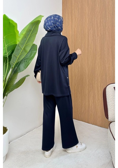 Mihran Butik Soho Elegance Yaka Detaylı Kadın Tesettür Alt Üst Takım Lacivert
