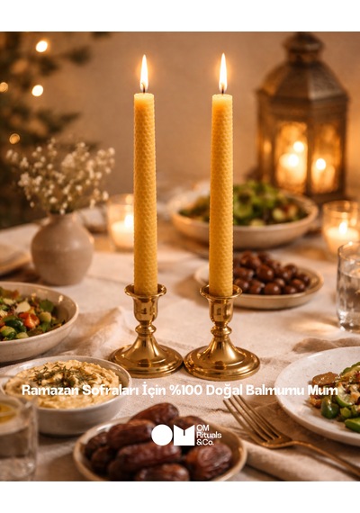 Ramazan Sofraları İçin %100 Doğal Balmumu Mum-2'li Şamdan Sarı