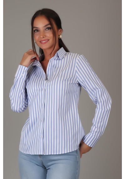 Sweetness Kadın Mavi Çizgili Uzun Kollu Likralı Pamuklu Klasik Gömlek Dk004-1 Mavi