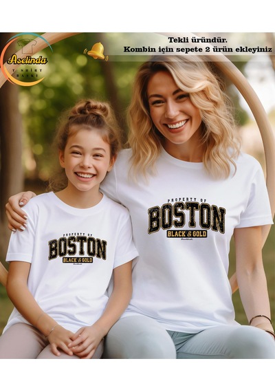 Aselinda Unisex Boston Tasarım Baskılı Tshirt-aile Kombin Tişört Kombin Yapmak İçin 2 Ürün Ekleyiniz Beyaz Anne-kız
