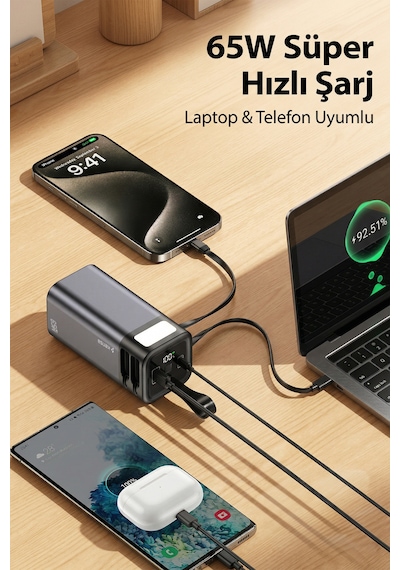 65w Pd Süper Hızlı 20.000mah Dahili Kablolu Taşınabilir Hızlı Şarj Aleti Powerbank siyah