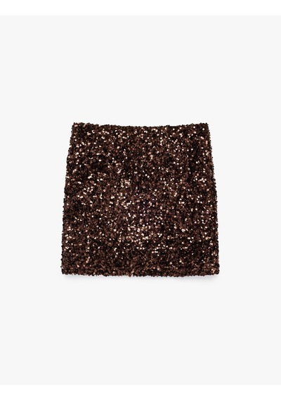Koton Pullu Payetli Slim Fit A Kesim Mini Abiye Etek Kahverengi 7wak70005fk Kahve