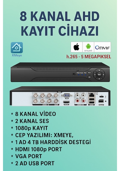 5mp Destekli 8 Kanal Ahd Dvr Kayıt Cihazı