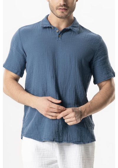Kısa Kol Polo Yaka Müslin Yazlık Tshirt İndigo İndg Indigo