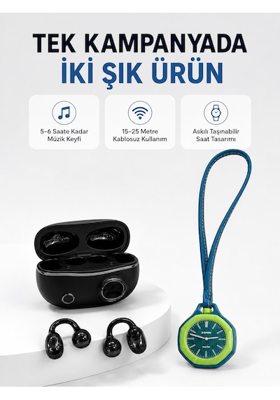 Yeşil Çanta Charm Saat Ve Kablosuz Bluetooth Kulaklık İkili Kampa