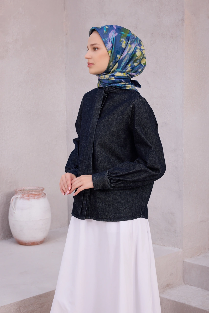 BELLİ Çiçek Desen İpek Twill Eşarp 4217d01 Lacivert