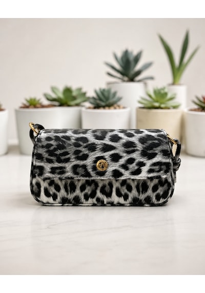 Leopar Desenli Baget Omuz Çantası Beyaz & Siyah Çok Renkli