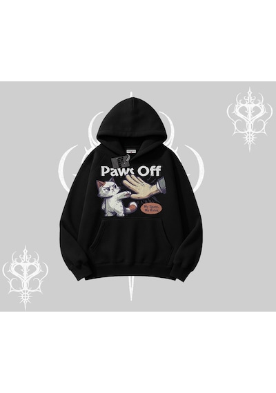 Paws Off Yazılı Kedi Baskılı Streetwear Kapşonlu Sweatshirt Siyah