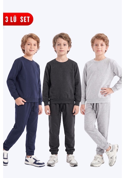 Panios Kids 3'lü Erkek Çocuk Düz Bisiklet Yaka Çift Cepli Eşofman Takımı Lacivert-füme-gri