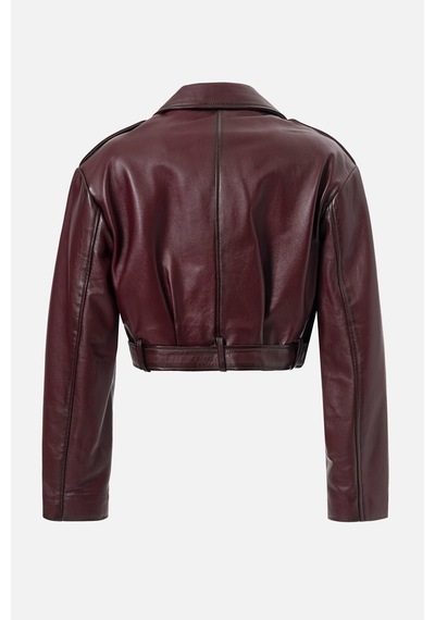 Dericlub Lenora Kadın Cropcut Biker Hakiki Deri Mont Bordo