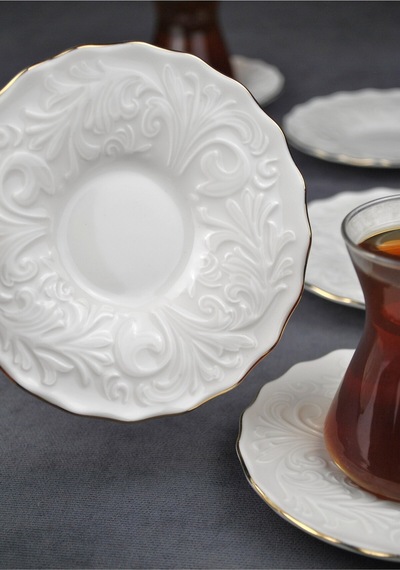 6 Kişilik Porselen Çay Tabağı Kabartma Desenli Yaldzlı 6 Adet Çay Tabak- Pera Gold