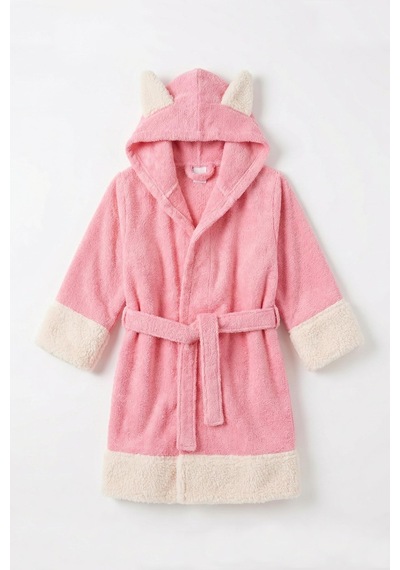 Kız Çocuk Bornozu Kapüşonlu Pamuklu ,polar Figürlü, Pembe 1-14 Yaş