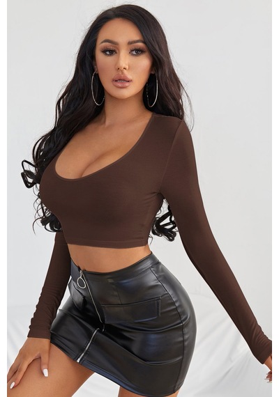 Angbutik Kadın Kahverengi Uzun Kol Kare Yaka Crop Top Bluz