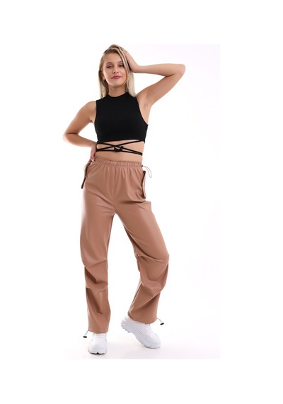 Winmoda34 Kadın Paçası Ayarlanabilir Cebi Kapaklı Yüksek Bel Deri Pantolon Camel