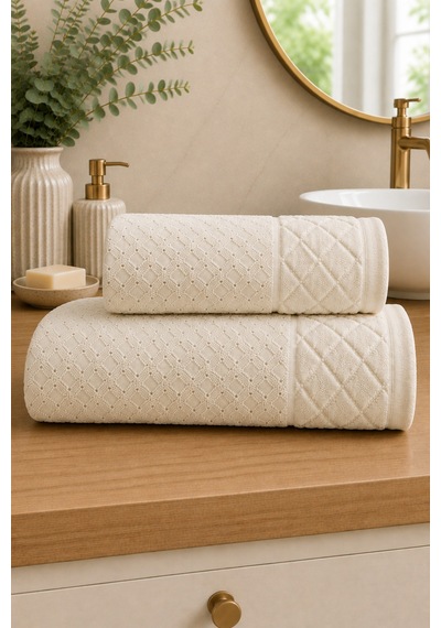 Kristal 2 Li Banyo Havlu Seti 50 90 Baş Havlusu + 90 150 Banyo Havlusu - Ekru