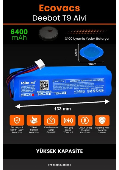 Ecovacs Deebot T9 Aivi Uyumlu 6400mah Robot Süpürge Batarya - Yüksek Kapasite