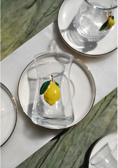 12 Parça Limonlu Çay Seti Limon Dekorlu Çay Bardağı Ve Gold Porselen Çay Tabağı Çok Renkli
