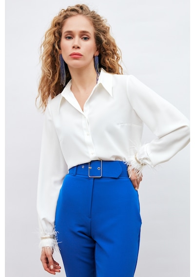 Sateen Manşetleri Aksesuarlı Gömlek - Ekru-132908 Ekru