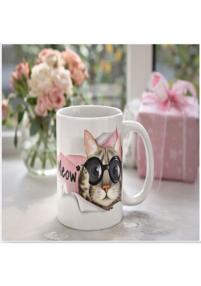 Meow Kedi Tasarımlı Seramik Kupa Sevimli Ve Şık Kahve Bardağı Beyaz
