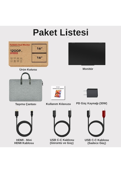 Ultrax 16" Çift Ekran 1200p Full Hd Ips İkili Taşınabilir Monitör