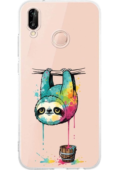 Huawei P20 Lite İle Uyumlu Splash Tembel Hayvan Tasarımlı Şeffaf Silikon Kılıf Şeffaf