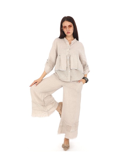 Bohem Stil İtalyan Fisto Detaylı Keten Pantolon Ceket Takım-9196 Bej