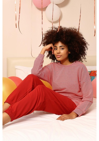 Akbeniz Kadın Uzun Kol 3 İplik Penye Pijama Takım 4184 - S Kırmızı