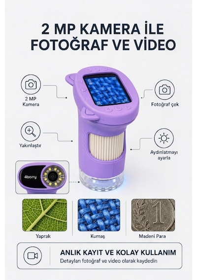 4berry Taşınabilir Fotoğraf Çekebilen Dijital Mikroskop 1000x 2.4 Ips Ekran, 2 Mp Kamera, 8 Led Işık, Type-c Şarjlı Mor