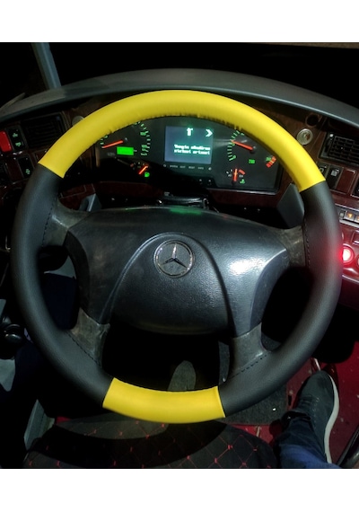 Dikişli Direksiyon Kılıfı Siyah / Sarı Deri Siyah Dikişli Mercedes Otobüs Kamyon Bu Direksiyon Renkli