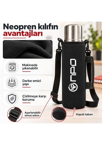 Npo Nt01 2 Katman Vakum Teknolojili 24h Sıcak 48h Soğuk 72h Buzlu Koruma Çelik Termos Siyah Kılıflı