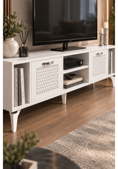 Sulorahome Gümüş Çizgili Beyaz Tv Sehpası 160 Cm Beyaz - Gümüş