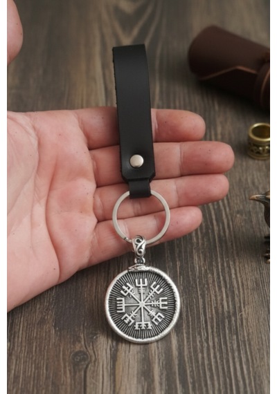 Gerçek Deri Anahtarlık Pusula Vegvisir Figürlü Çift Taraflı Siyah Hakiki Deri Anahtarlık Hediye Anahtarlık Antik Gümüş