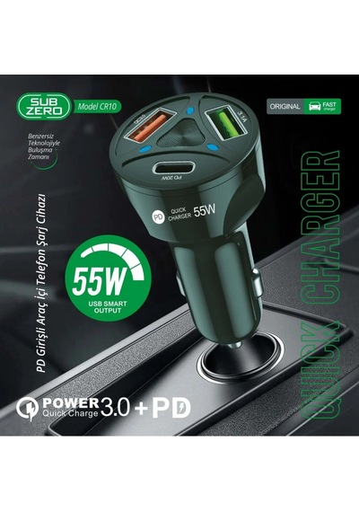 Subzero Cr10 55w 3.0a Pd+çift Çıkışlı Araç Şarj Başlığı Siyah