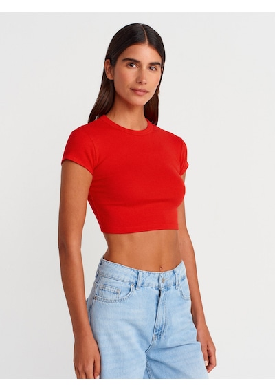 Dilvin 31810 Bisiklet Yaka Crop T-shirt-kırmızı Kırmızı