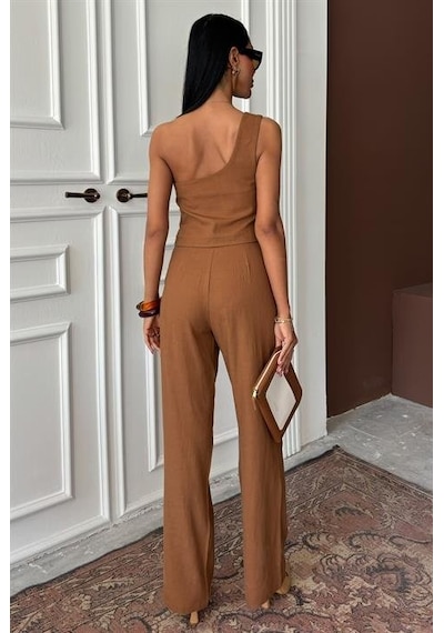 Moderie Butik Tek Omuz Büstiyer Plazzo Pantolon Viscon Takım 10159 Kahverengi