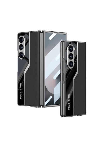 Nourthkiingdom Galaxy Uyumlu Z Fold 6 Kılıf Ultra İnce Kamera Korumalı Pc + Deri Arka Yüzey Nrtk Kıpta Poligan Kapak-siyah Siyah