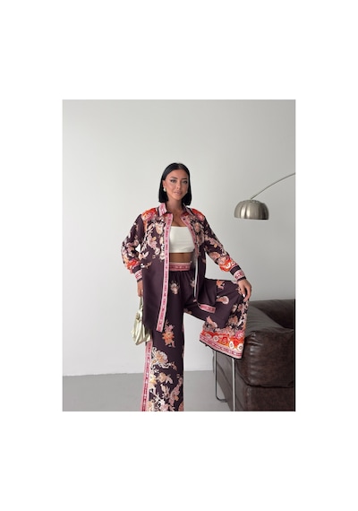 Wellway İthal Chokellaa Kumaş Çiçekli Tunik Gömlek & Pantolon 2li Takım-kahverengi -26126 Kahverengi