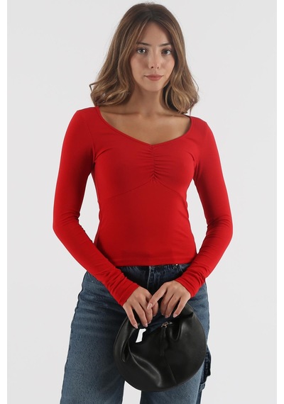 Seeh Kırmızı Önü Büzgülü Uzun Kollu Kadın Body Sh200