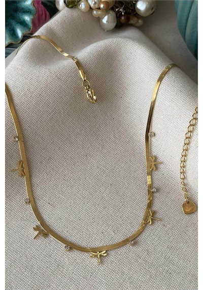 Balenbi Kadın Yusufçuk Figürlü Zirkon Taşlı Gold Renk 40+5 Cm Kararmaz Çelik Kolye 1077 Altın