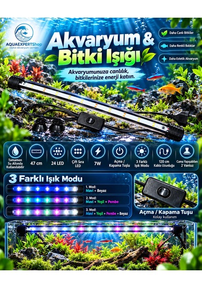 Akvaryum Işığı - Balık Işığı - Bitki Işığı - 47 Cm - 24 Led - Tamamen Su İçinde Kullanılabilir - 3 Modlu - 7w - Mükemmel Işık