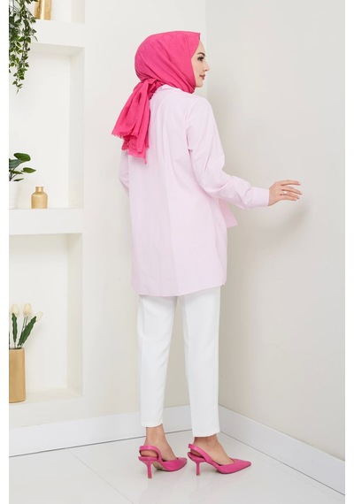 Çizgili Poplin Bağlamalı Gömlek - Pudra / Ü103 Pudra