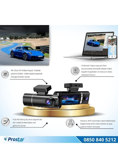 4k Ultra Hd 2 Kameralı Ön Ve İç Wifi Gps G-sensör Park Modu Dashcam Kamera