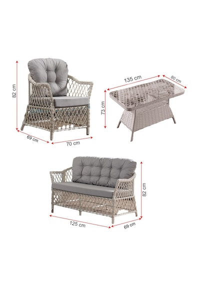 Icon Rattan Bahçe Balkon Oturma Takımı 2+1+1+camlı Masa Gri Gri