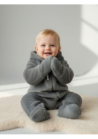 Zekids Bebek Peluş Kapüşonu Kulak Detaylı Tulum-16670 Gri