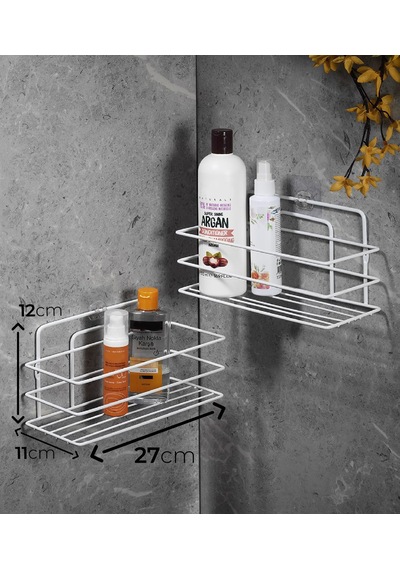 Sas Haus Tekli Beyaz Yapışkanlı Banyo Rafı + 2 Li Askı Kanca Seti Paslanmaz Metal Duş Şampuanlık Yapıştır/vidala Tş-01 Beyaz
