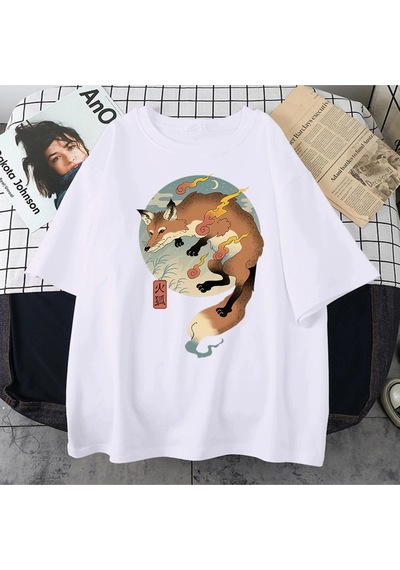 Startmore Beyaz Yangın Karikatür Tilki Japon Baskılı Harajuku Tee Tüm Beyaz