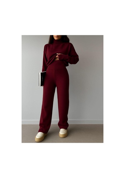 Munora Butik Parmak Geçmeli Yüksek Bel Triko Bordo Takım Bordo Bordo