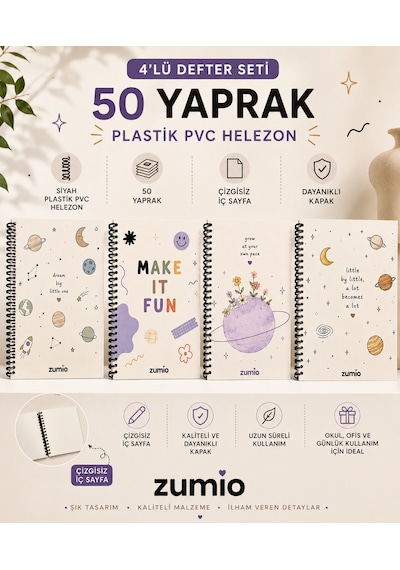 Zumio 4'lü A5 Uzay Temalı Çizgisiz Defter Seti 50 Yaprak Düz